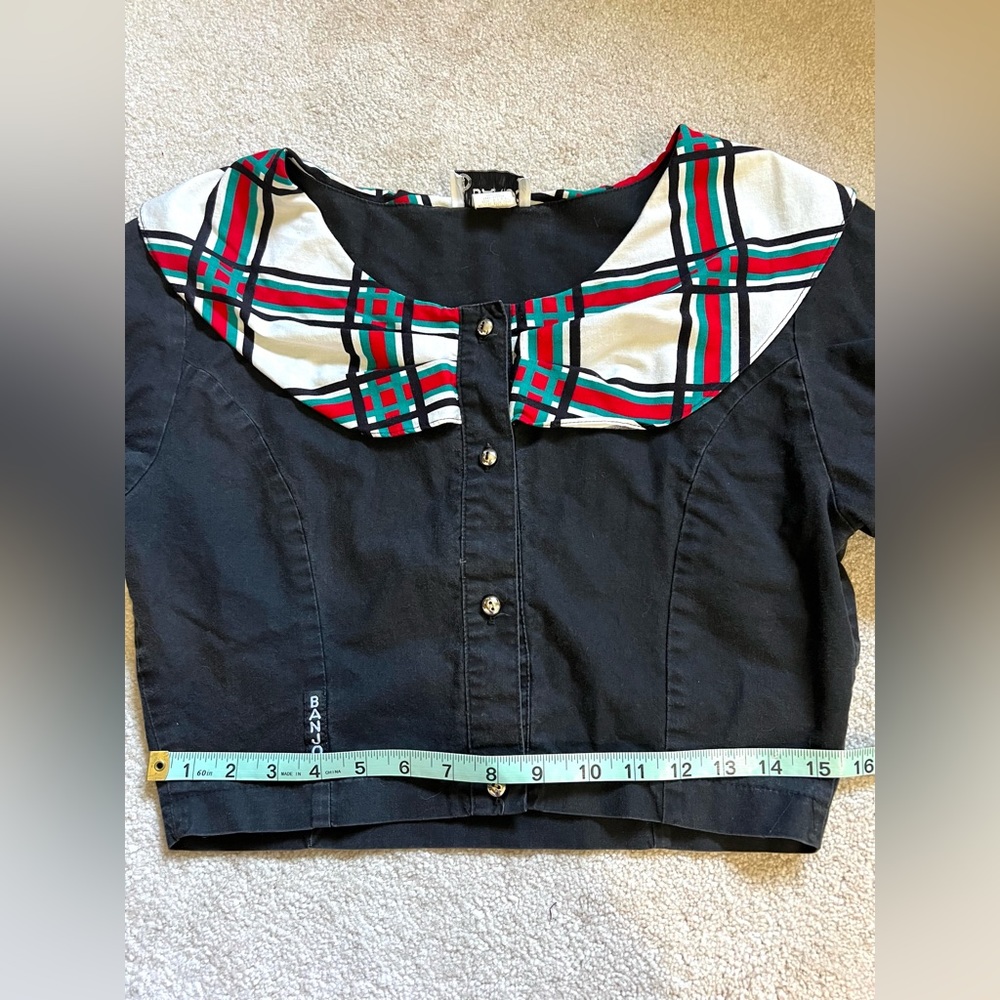 Vintage Banjo Dallas Black Plaid Cropped Western Shirt Size Medium Made in USA - Picture 7 of 7